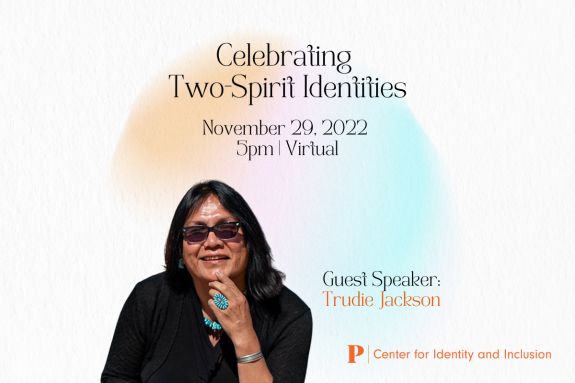 Celebrating Two-Spirit Identities on November 29, 2022. Virtual Event with guest speaker Trudie Jackson.